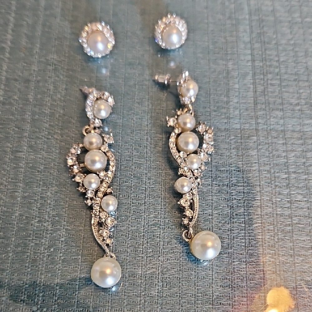Silver and White Pearl Drop Earrings with Sparkling Stones